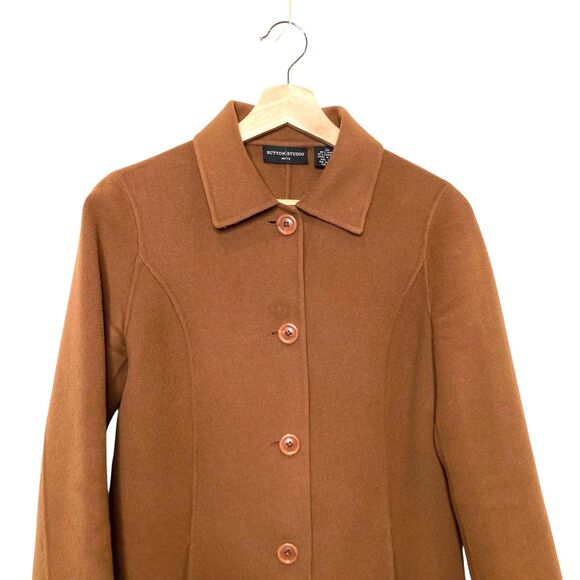 Sutton Studio Petite Camel Coat Womens Size 2P Cashmere Blend Classic Tan Pocket - Picture 3 of 13